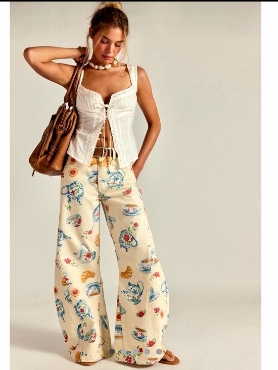 Free People Pants - NWT Free People Eden Tea Party Printed Slouch Jeans 29 Rare Sold Out